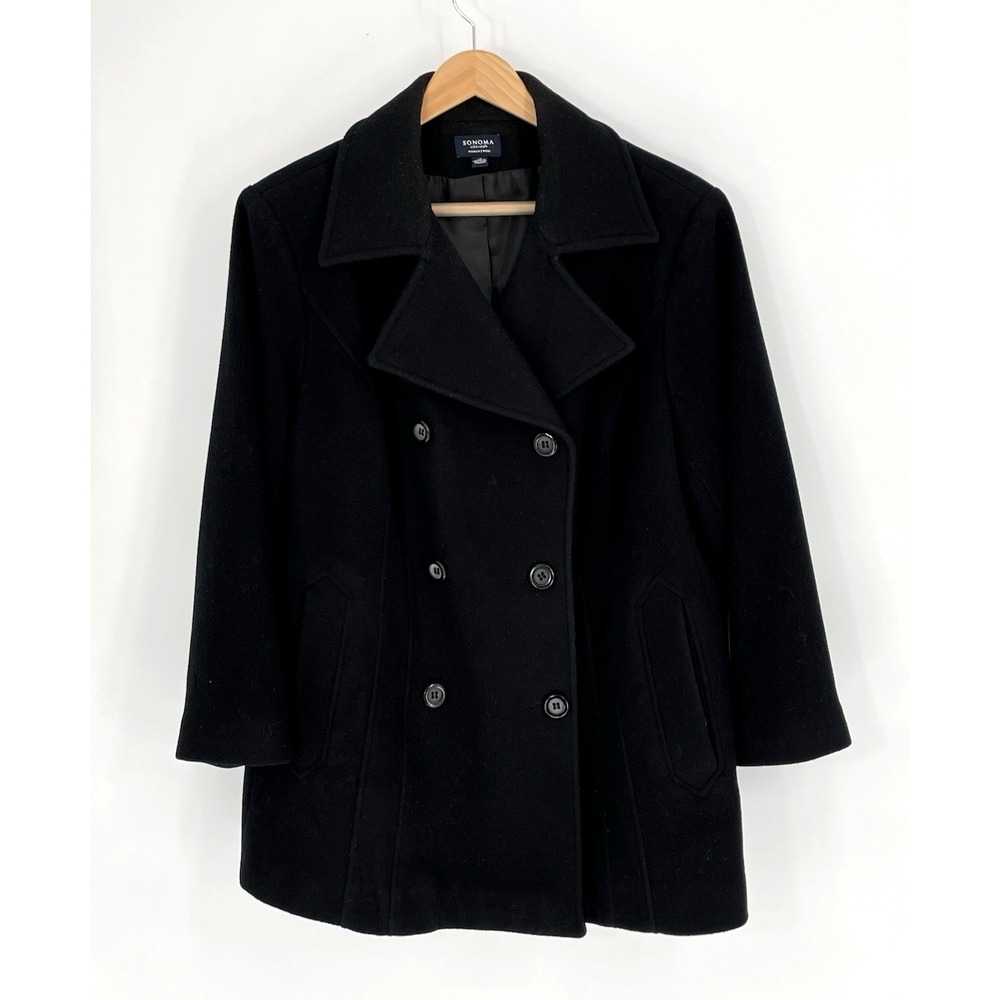 Sonoma Womans Plus Size 1X Wool Pea Coat Black‎ Double Breasted Jacket